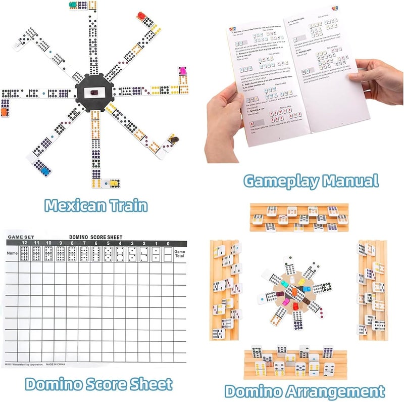 Doreimi Store Upgraded Mexican Train Dominoes Set with 8 Wooden Holders, Double 12 Dominos Set for Kids, Adults Travel Domino Train Set with 91 Tiles and Carry Case, Classic Board Games for Family Night - Image 5